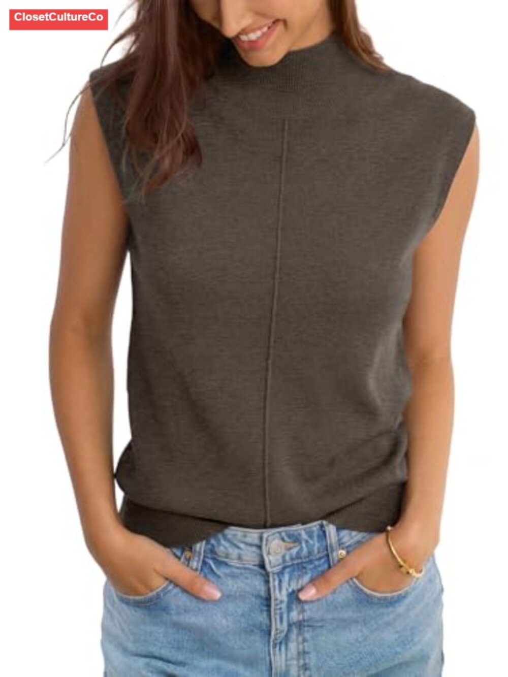 Wool Blend Mock Neck Tank Top Loose Fit Sleeveless Sweater Vest